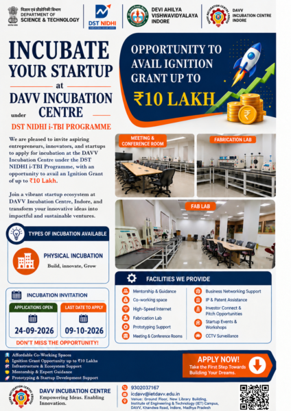 Call for Incubation at DAVV Incubation Centre Indore